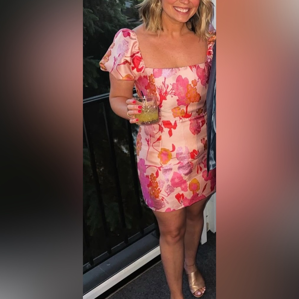 Lulus Orange Multi Floral Jacquard Puff Sleeve Mini Dress